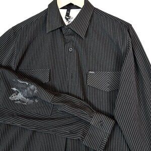RVCA Tenore Pinstripe Button Shirt L Graphic Arm Patch Y2K Grunge Skater Surf
